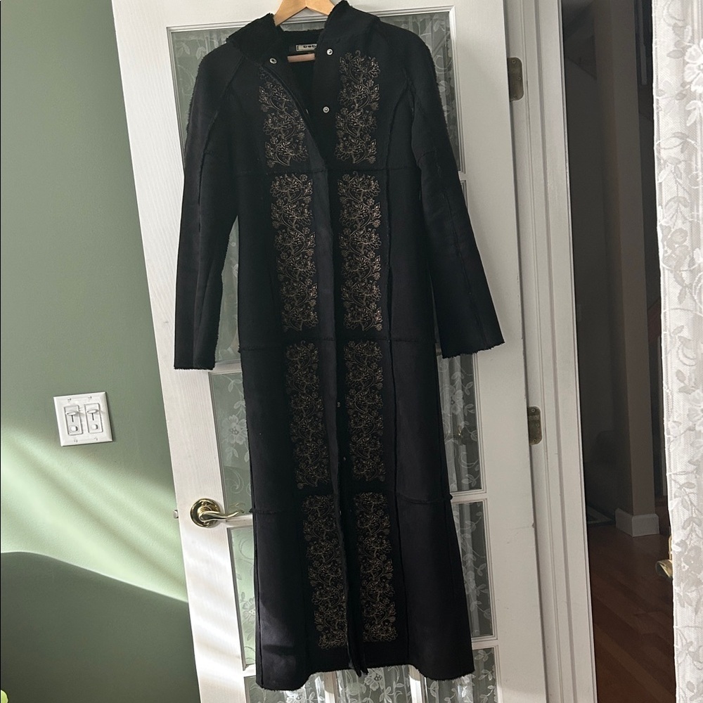 BEBE FULL LENGTH HOODED SUEDE COAT